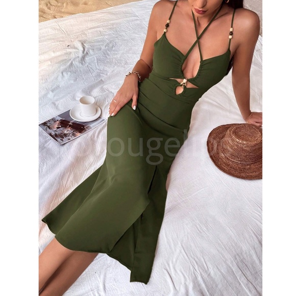 Army Green Dress Strappy Bead Detail Criss Cross Cut Out Detail Cami Tie Neck - Picture 5 of 7